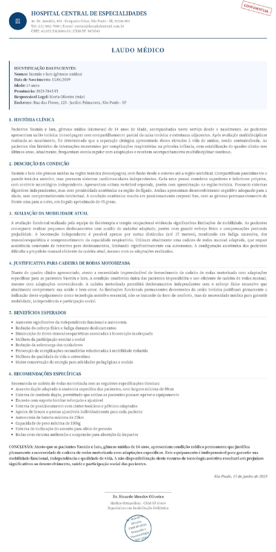 Laudo médico das gêmeas Iara e Yasmin
